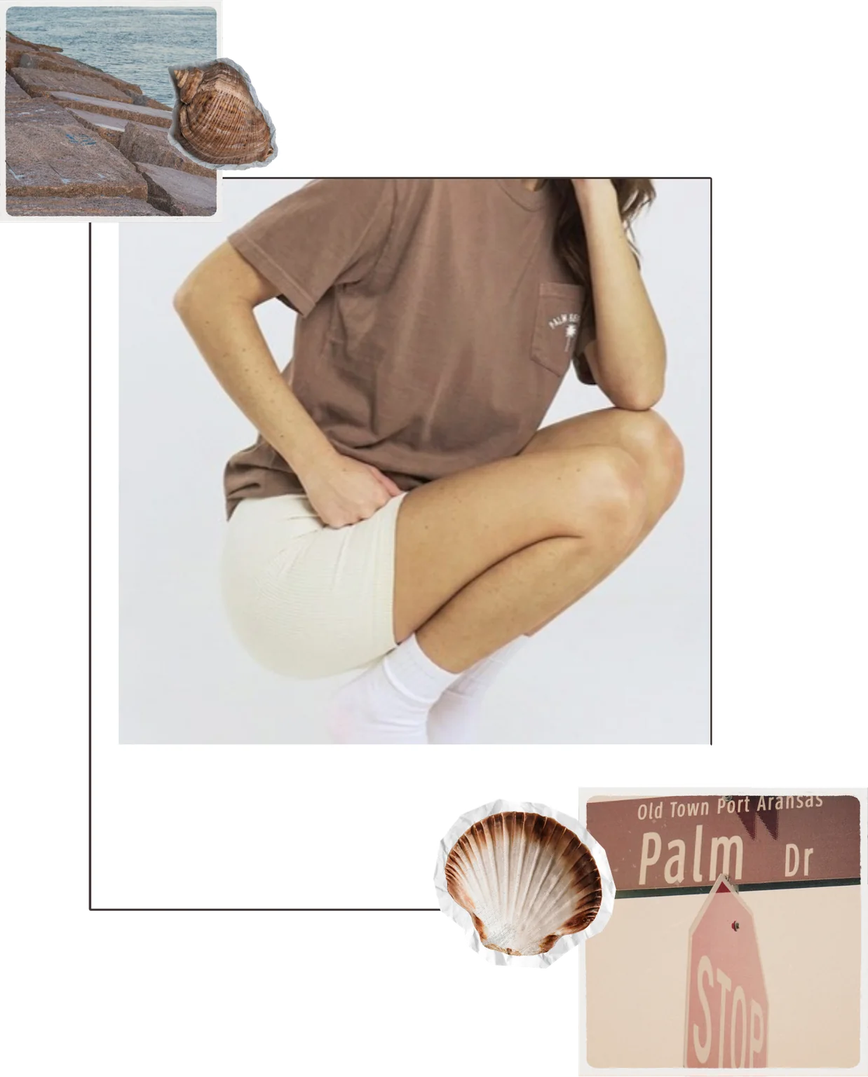 Fall colors: a Palm Republic tee, shells and a Palm Drive sign